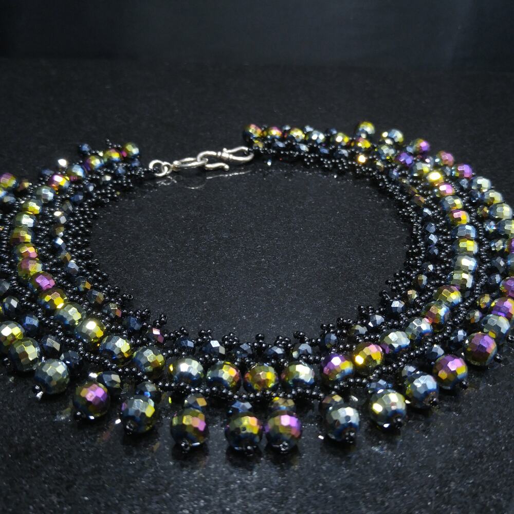 Handmade Czech Fire Polished Beaded Collar Necklace Black Seed Beads 16" - Picture 7 of 10
